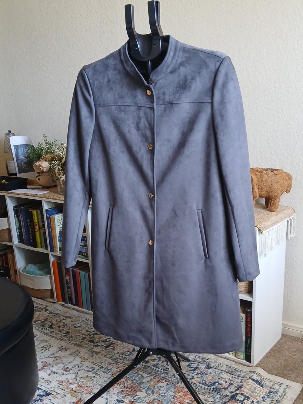 Marc New York Women's Gray Suede-Effect Trench Coat with Gold Buttons